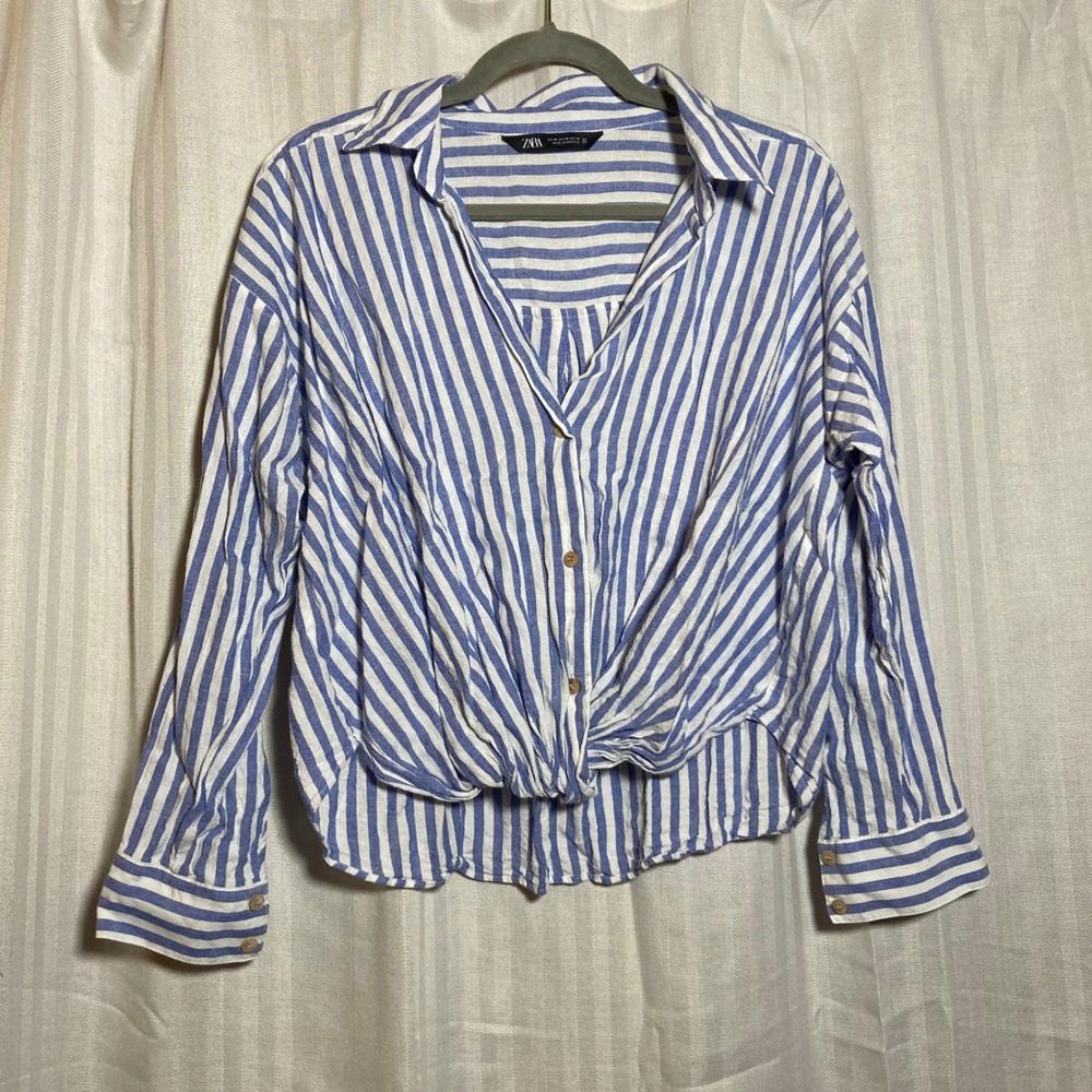 Zara Blue White Striped Twist Front Button Up Shirt M Roll Tab Sleeve Crop Beach